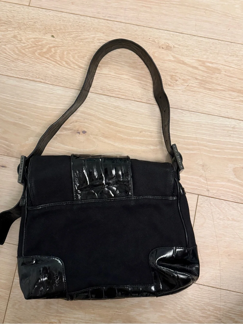 Tory Burch Black Canvas Shoulder Bag with Patent Trim
